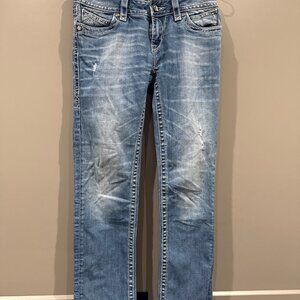 Rock Revival Womens Noelle Blue Distressed Capri Jeans Size 30 Rhinestones